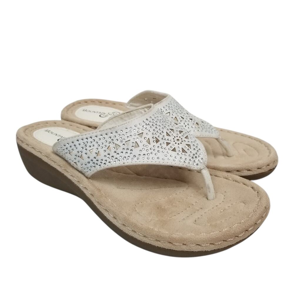 Women's White Rhinestone Wedge Thong Sandals